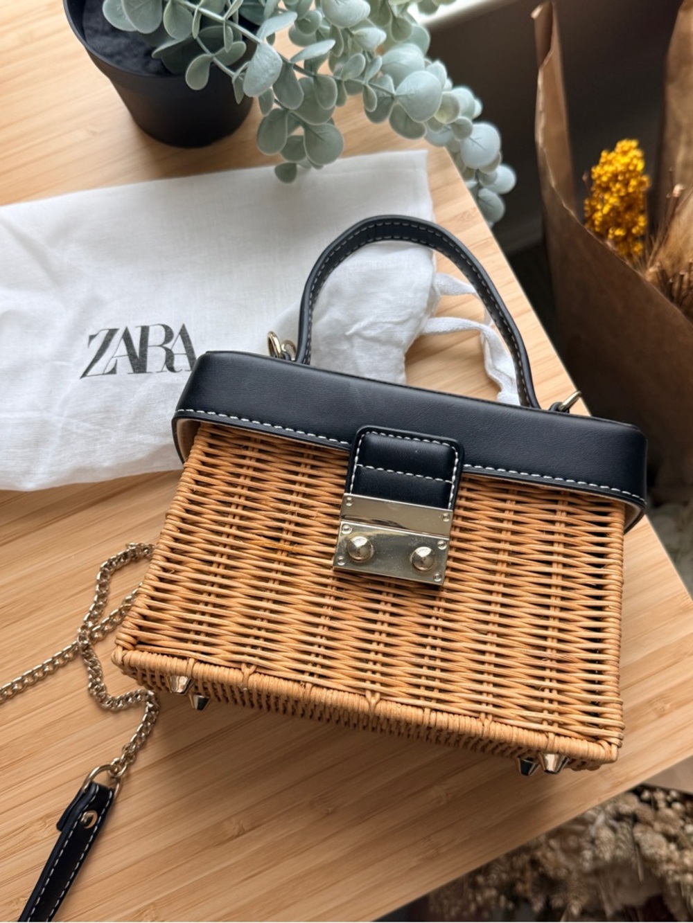 ZARA Wicker Top-Handle Crossbody Bag in Black and Natural
